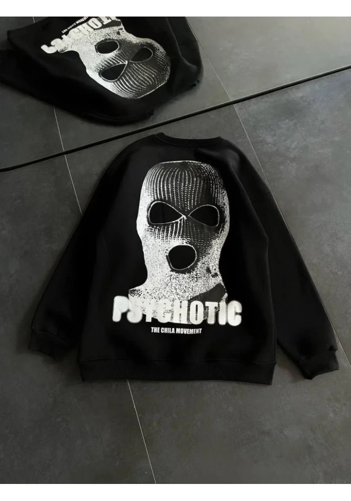 Kışlık Bisiklet Yaka Baskılı SweatShirt - Siyah