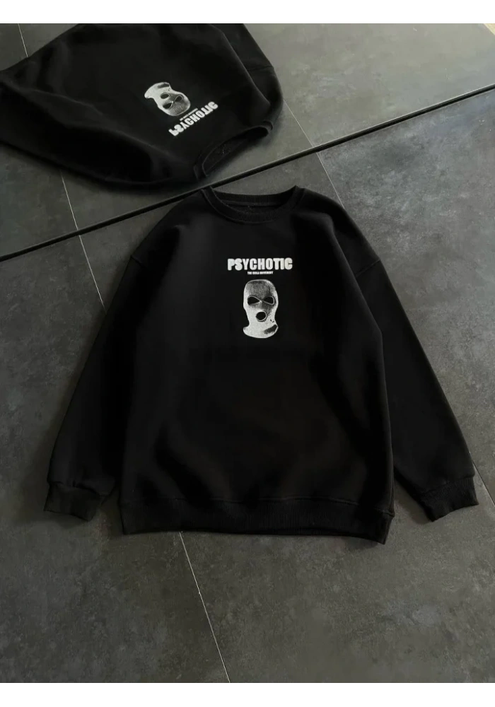 Kışlık Bisiklet Yaka Baskılı SweatShirt - Siyah