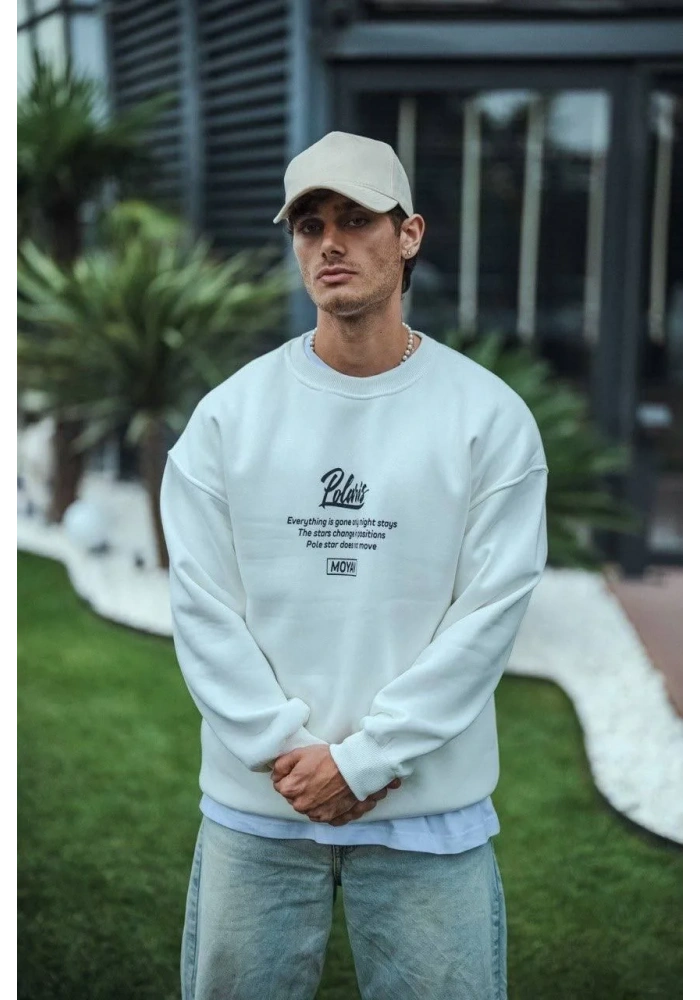 Kışlık Bisiklet Yaka Ön Ve Arka Baskılı SweatShirt - Beyaz