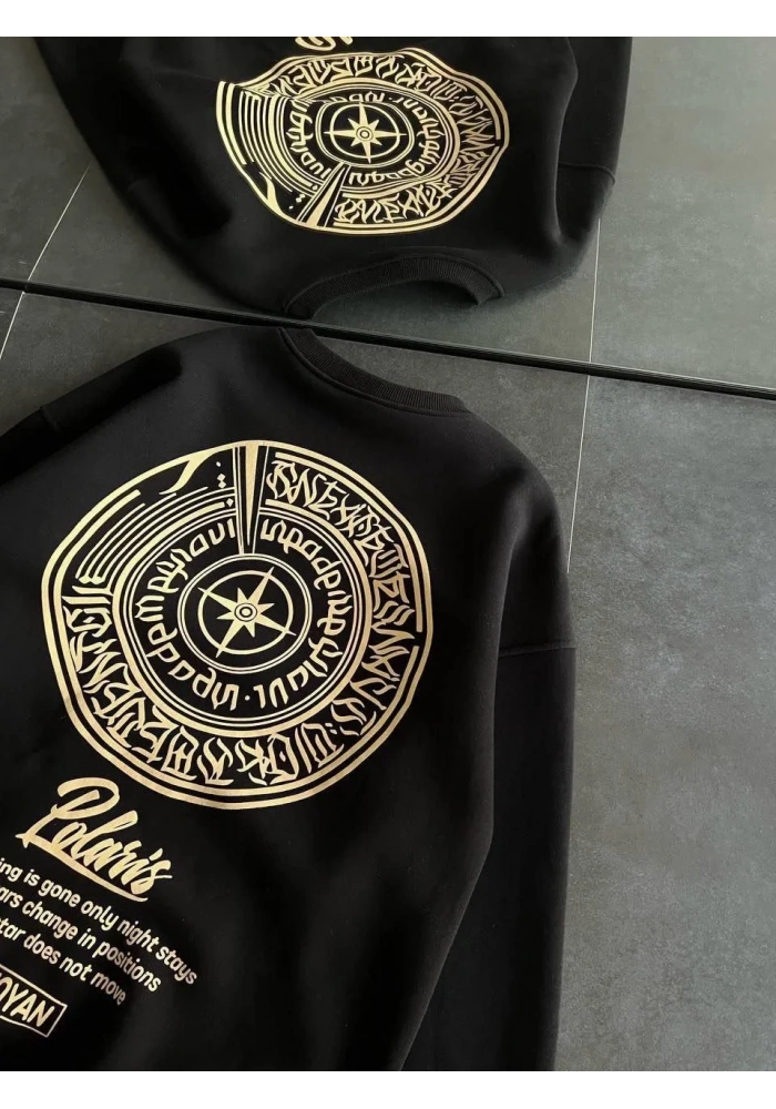 Kışlık Bisiklet Yaka Ön Ve Arka Baskılı SweatShirt - Siyah