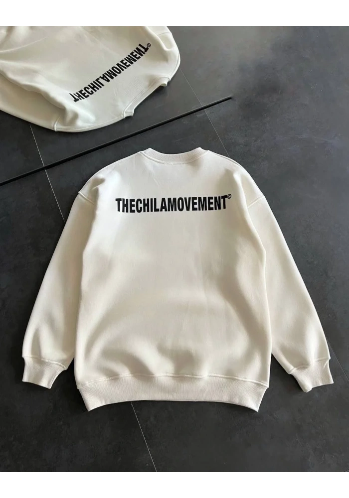 Kışlık Bisiklet Yaka Oversize Baskılı SweatShirt - Beyaz
