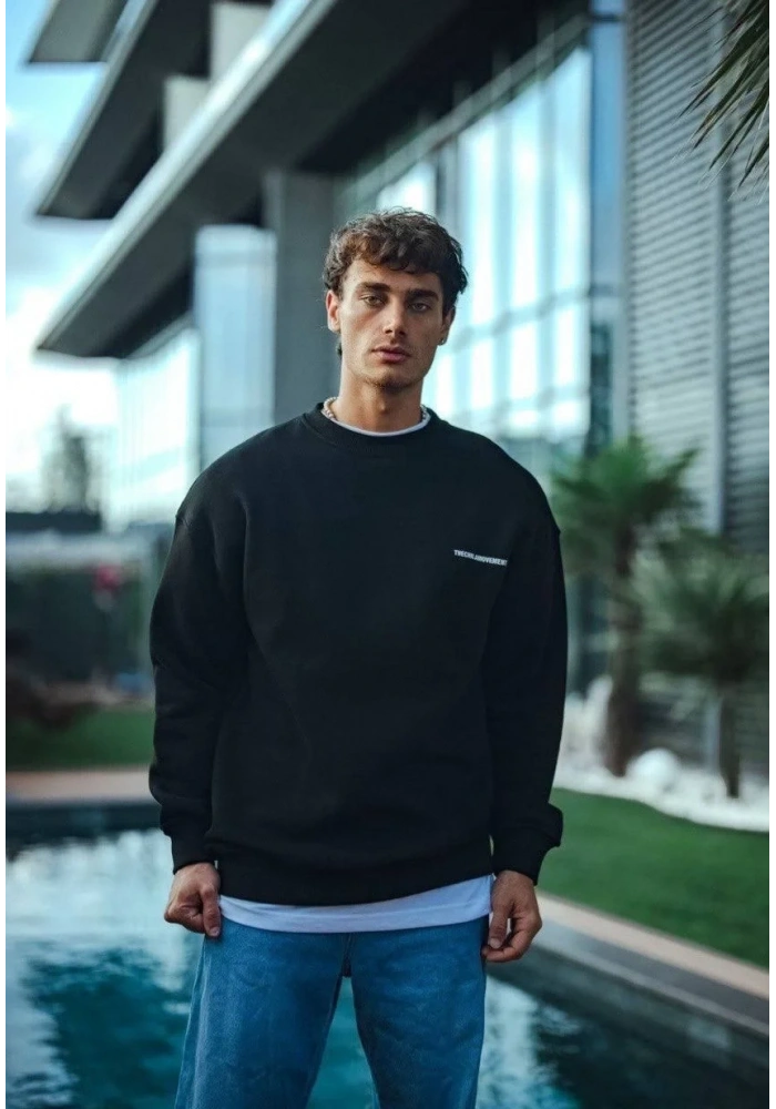 Erkek 3 iplik Pamuklu Bisiklet Yaka Oversize Baskılı SweatShirt - Siyah