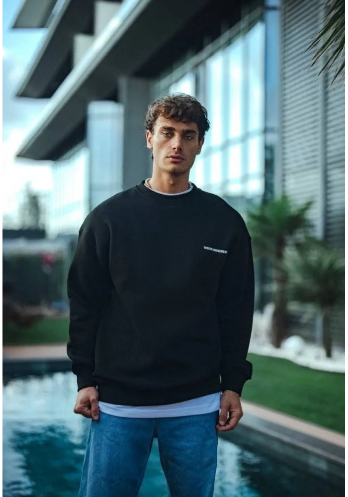 Kışlık Bisiklet Yaka Oversize Baskılı SweatShirt - Siyah