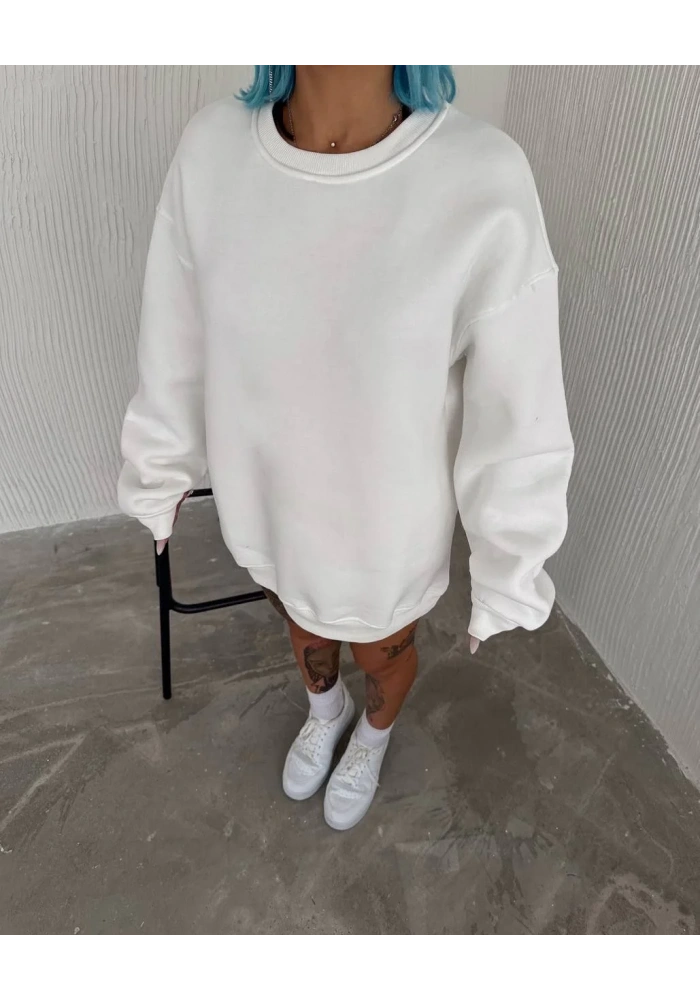 Kışlık Bisiklet Yaka Üç İplik Basic SweatShirt - Beyaz