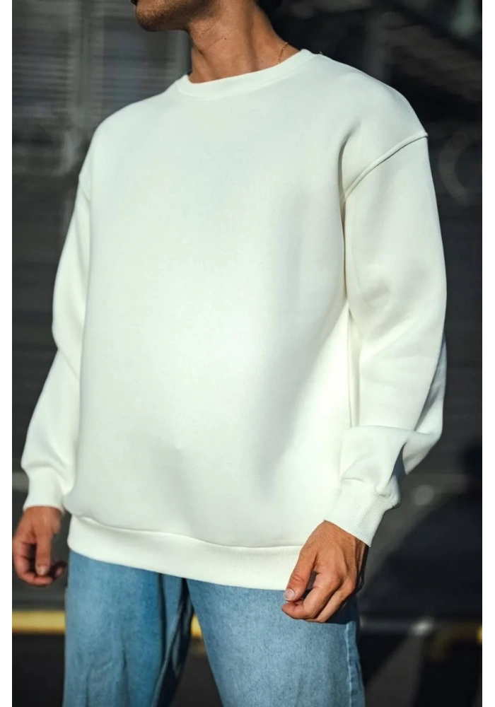 Kışlık Bisiklet Yaka Üç İplik Basic SweatShirt - Beyaz