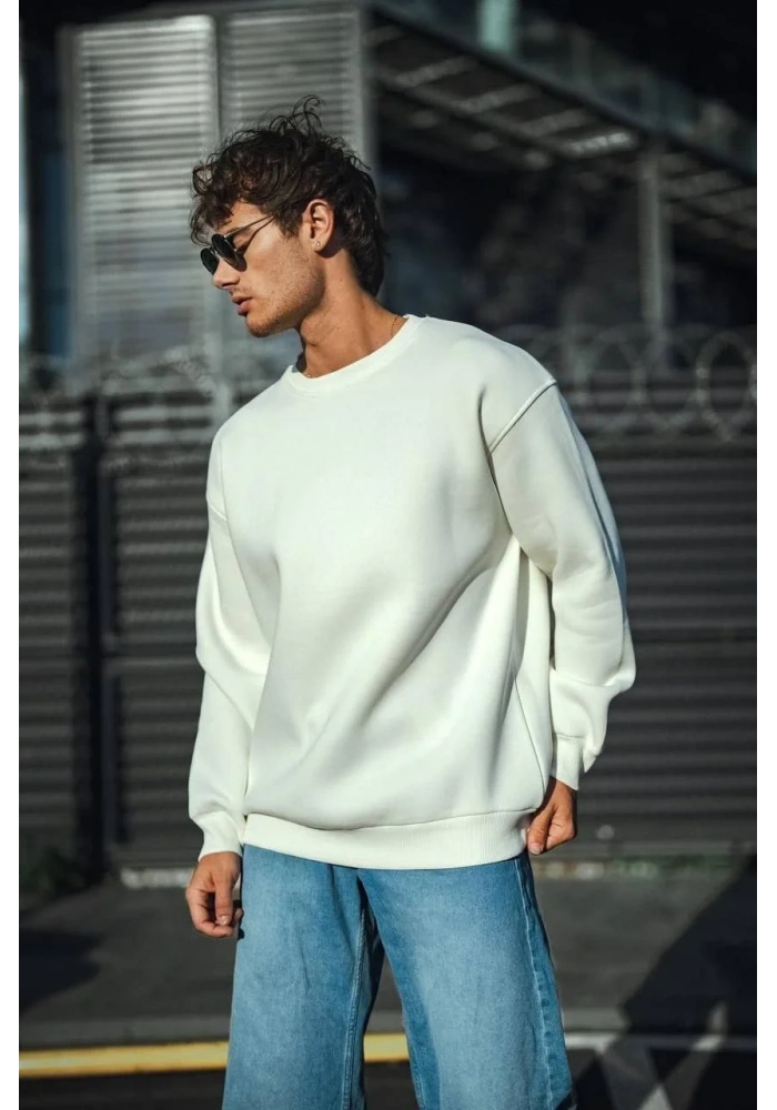 Kışlık Bisiklet Yaka Üç İplik Basic SweatShirt - Beyaz