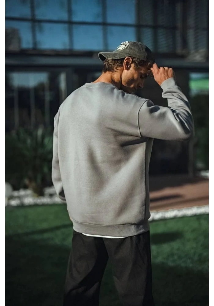 Kışlık Bisiklet Yaka Üç İplik Basic SweatShirt - Boyalı Gri