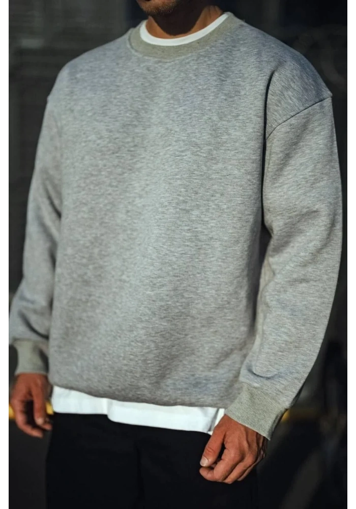 Kışlık Bisiklet Yaka Üç İplik Basic SweatShirt - Gri