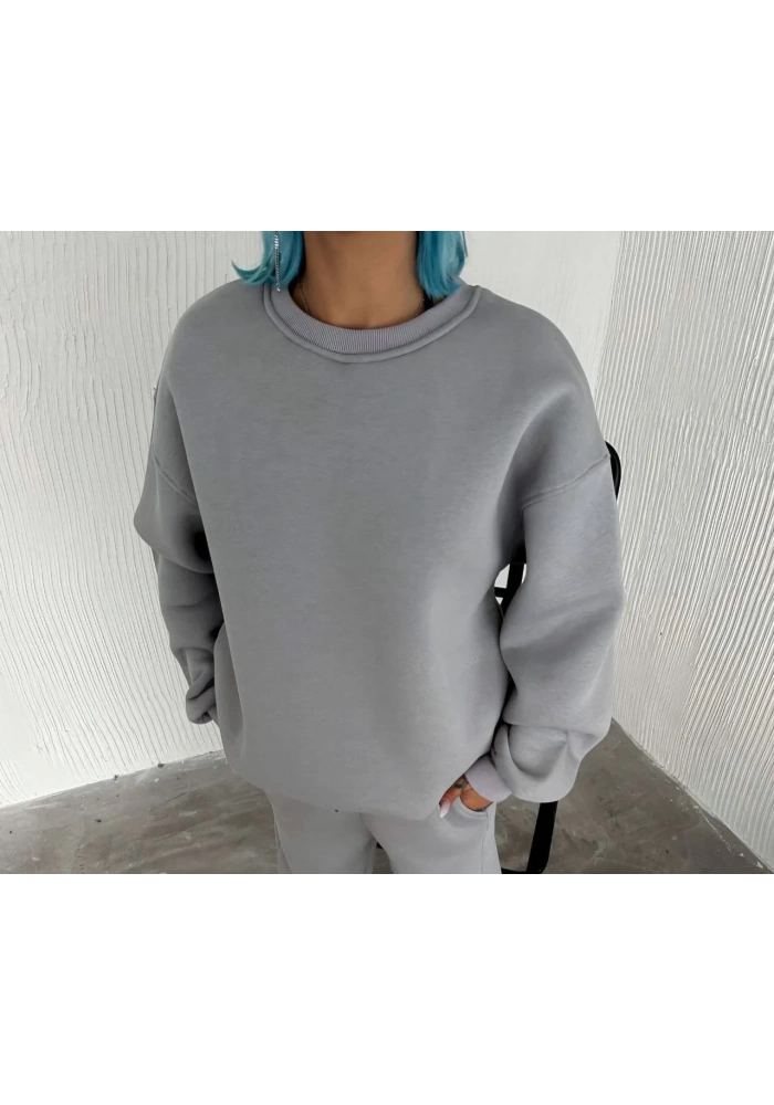 Kışlık Bisiklet Yaka Üç İplik Basic SweatShirt - Gri