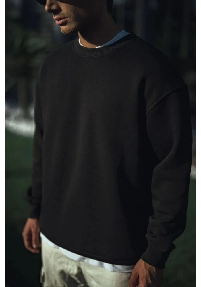 Kışlık Bisiklet Yaka Üç İplik Basic SweatShirt - Siyah