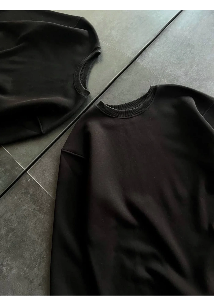 Kışlık Bisiklet Yaka Üç İplik Basic SweatShirt - Siyah