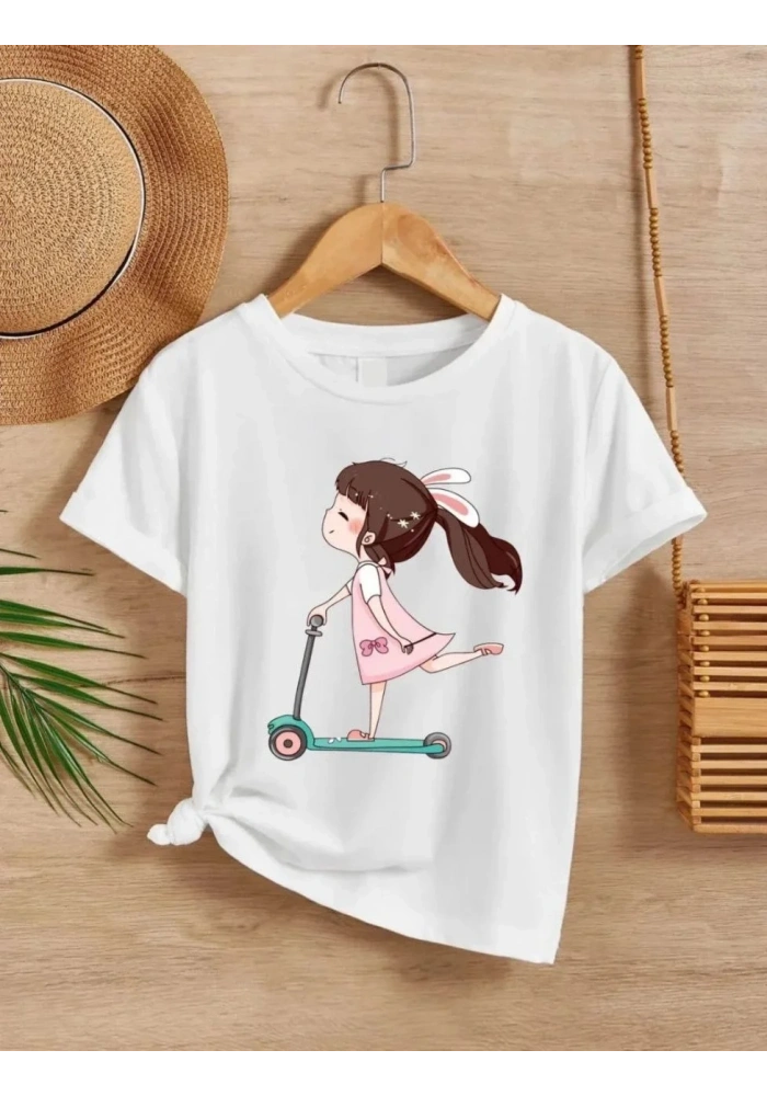 Kız Çocuk Bisiklet Yaka Baskılı - Beyaz