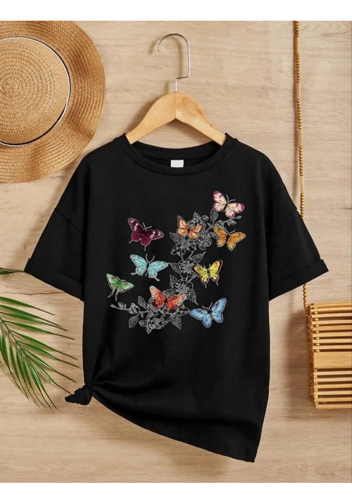 Kız Çocuk Bisiklet Yaka Baskılı T-Shirt - Siyah