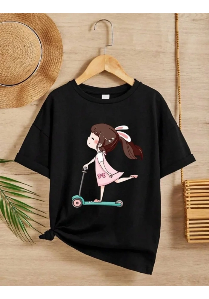 Kız Çocuk Bisiklet Yaka Baskılı T-Shirt - Siyah