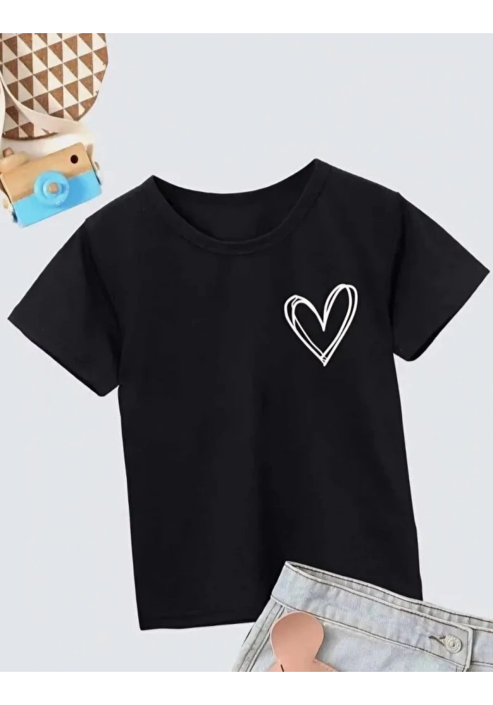 Kız Çocuk Bisiklet Yaka Baskılı T-Shirt - Siyah
