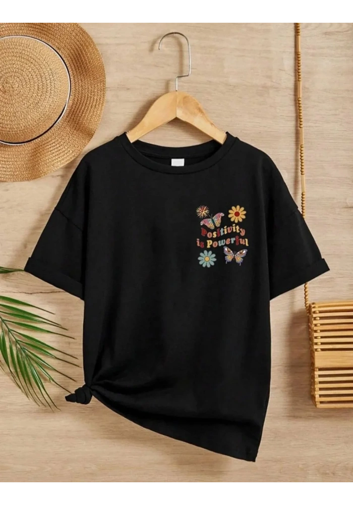 Kız Çocuk Bisiklet Yaka Baskılı T-Shirt - Siyah