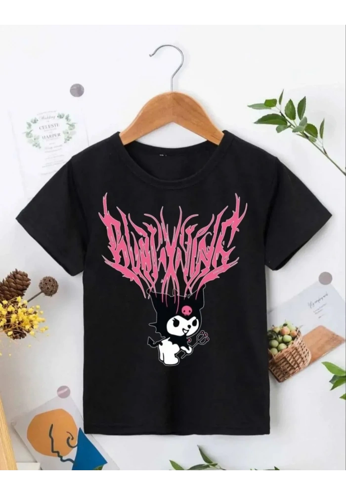 Kız Çocuk Bisiklet Yaka Baskılı T-Shirt - Siyah