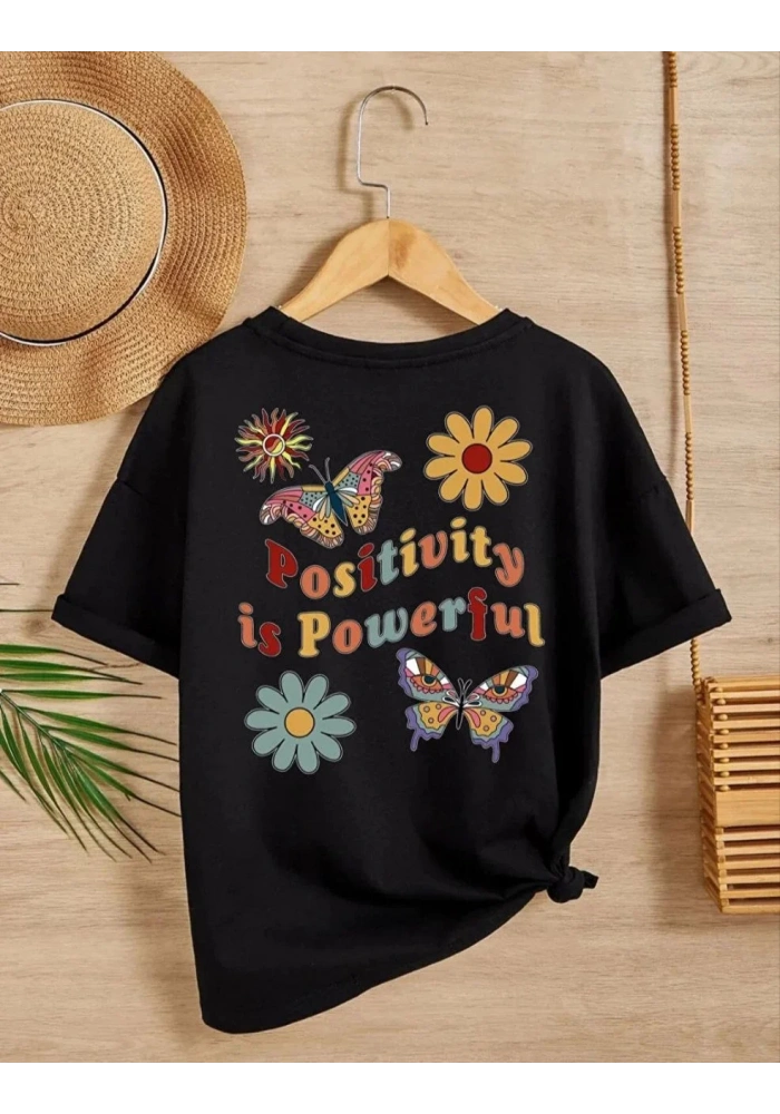 Kız Çocuk Bisiklet Yaka Baskılı T-Shirt - Siyah