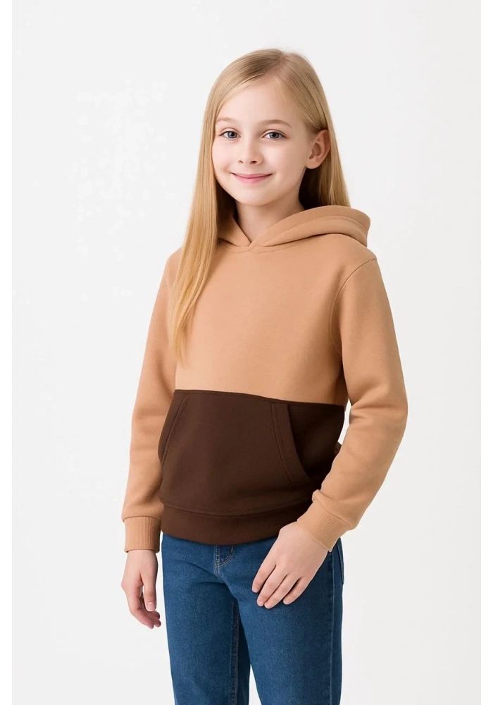 Kız Çocuk Kapüşonlu Kanguru Çepli Parçalı SweatShirt - Renkli