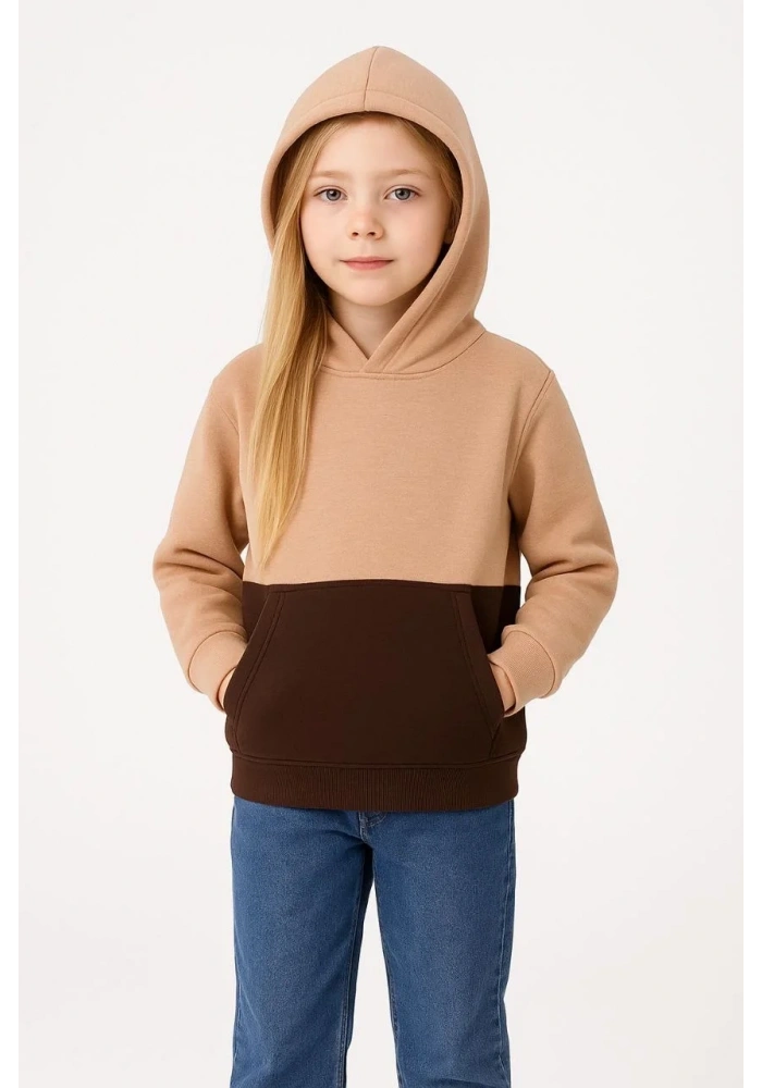 Kız Çocuk Kapüşonlu Kanguru Çepli Parçalı SweatShirt - Renkli
