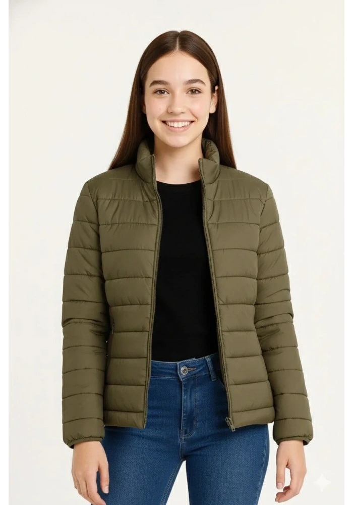 Kız Çocuk Şişme Mont Hafif ve Sıcak Tutucu Kışlık Fermuarlı Su İtici Rahat Günlük Mont Kapüşonuz Modern Tasarım - Haki