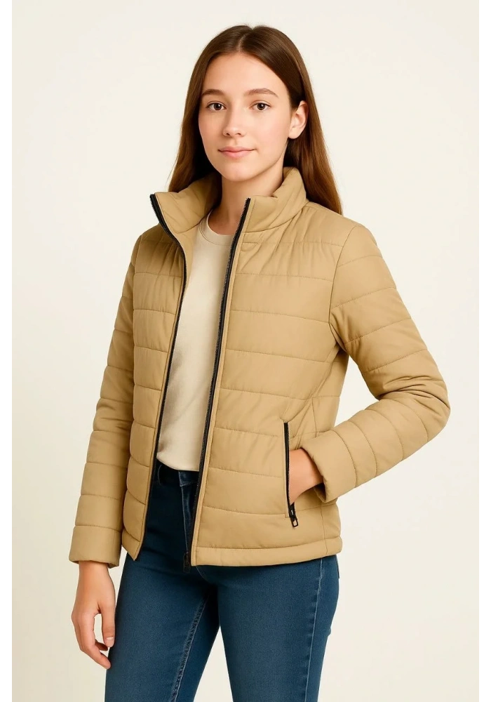 Kız Çocuk Şişme Mont Hafif ve Sıcak Tutucu Kışlık Fermuarlı Su İtici Rahat Günlük Mont Kapüşonuz Modern Tasarım - Bej