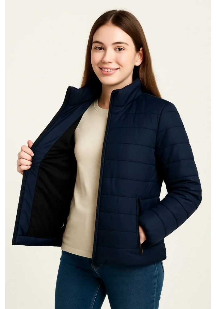 Kız Çocuk Şişme Mont Hafif ve Sıcak Tutucu Kışlık Fermuarlı Su İtici Rahat Günlük Mont Kapüşonuz Modern Tasarım - Lacivert