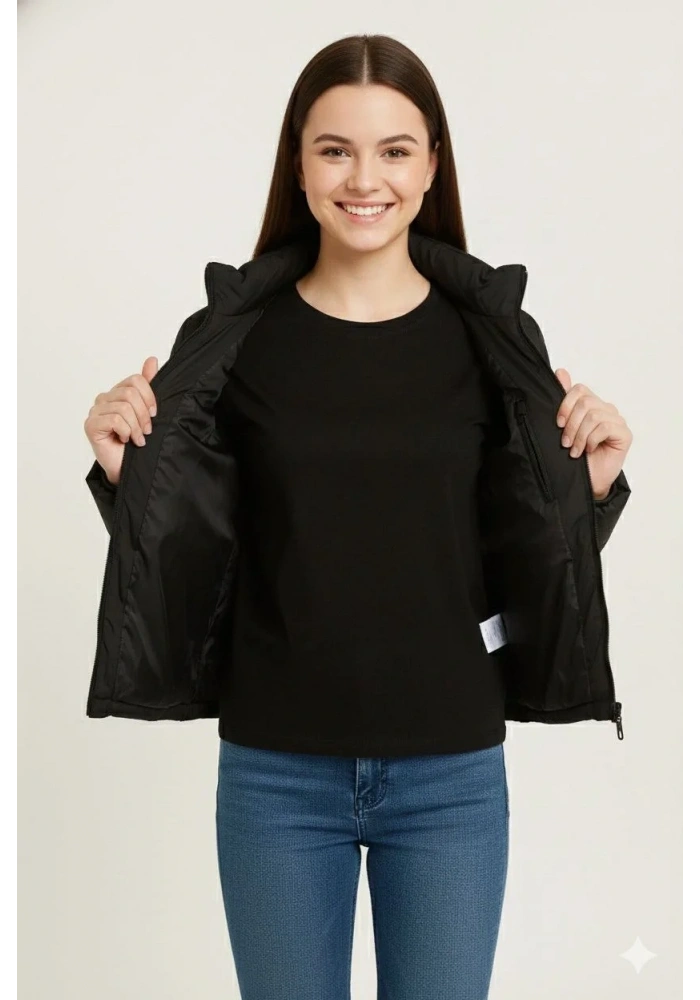 Kız Çocuk Şişme Mont Hafif ve Sıcak Tutucu Kışlık Fermuarlı Su İtici Rahat Günlük Mont Kapüşonuz Modern Tasarım - Siyah