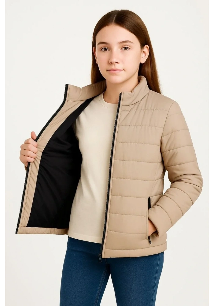 Kız Çocuk Şişme Mont Hafif ve Sıcak Tutucu Kışlık Fermuarlı Su İtici Rahat Günlük Mont Kapüşonuz Modern Tasarım - Bej