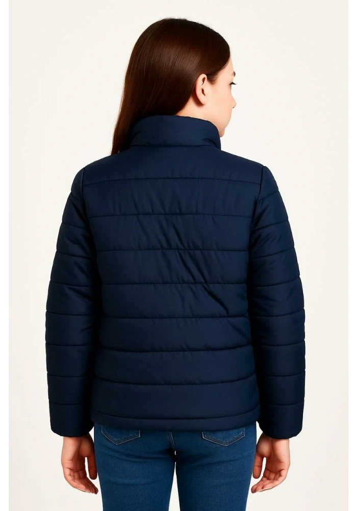 Kız Çocuk Şişme Mont Hafif ve Sıcak Tutucu Kışlık Fermuarlı Su İtici Rahat Günlük Mont Kapüşonuz Modern Tasarım - Lacivert