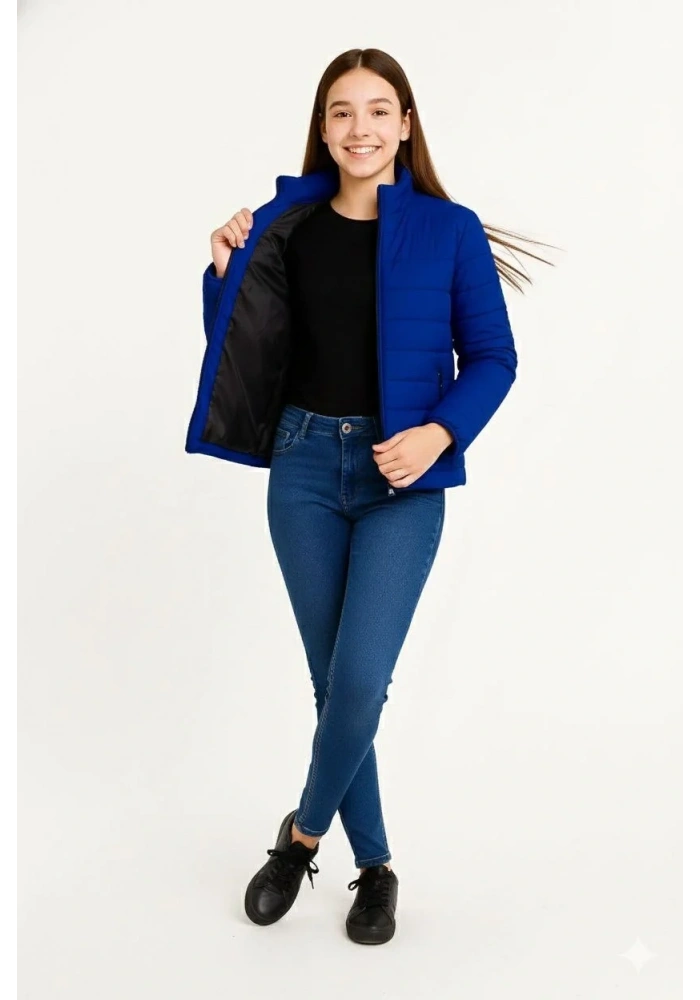 Kız Çocuk Şişme Mont Hafif ve Sıcak Tutucu Kışlık Fermuarlı Su İtici Rahat Günlük Mont Kapüşonuz Modern Tasarım - Saks Mavisi