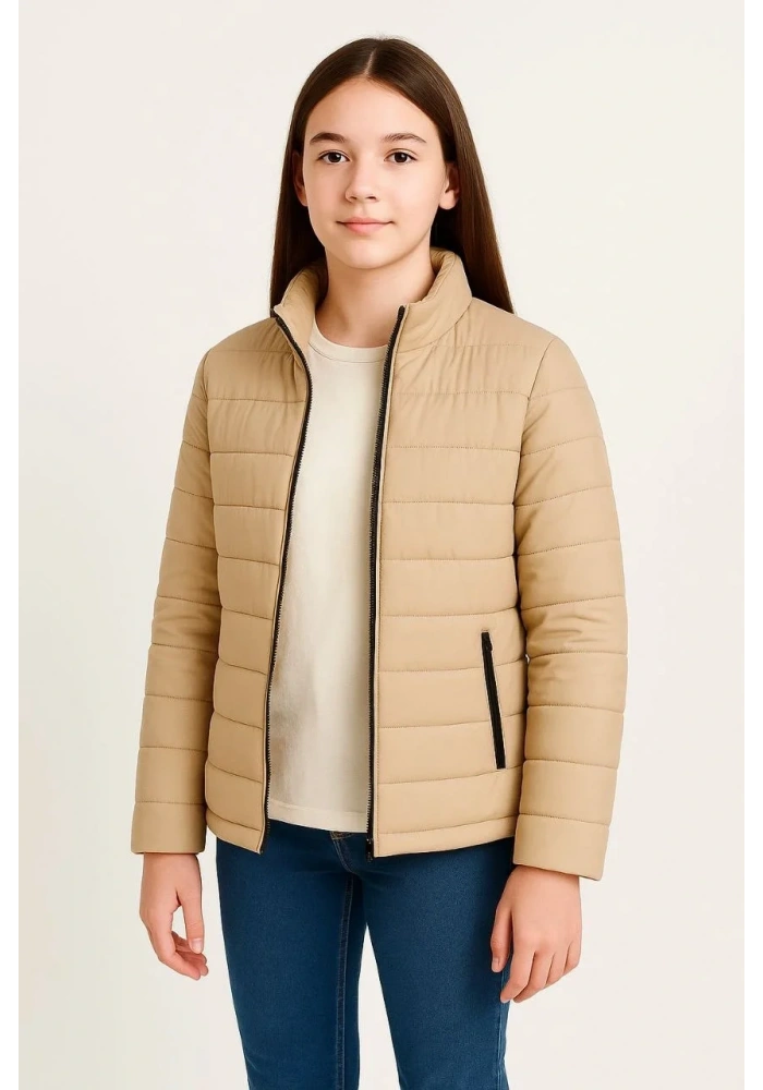 Kız Çocuk Şişme Mont Hafif ve Sıcak Tutucu Kışlık Fermuarlı Su İtici Rahat Günlük Mont Kapüşonuz Modern Tasarım - Bej