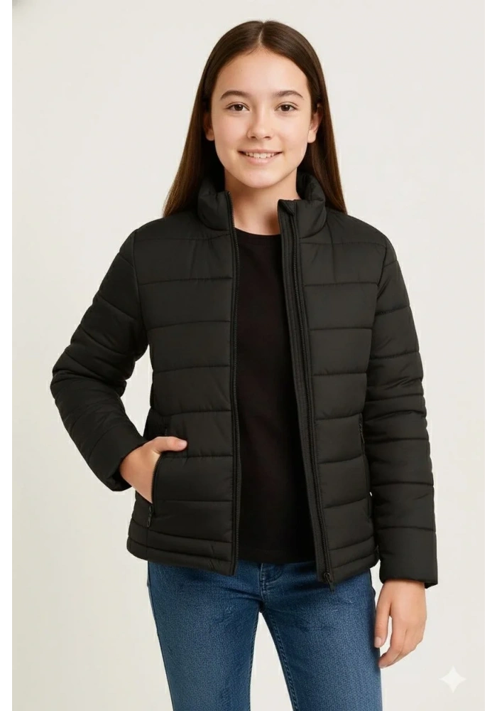 Kız Çocuk Şişme Mont Hafif ve Sıcak Tutucu Kışlık Fermuarlı Su İtici Rahat Günlük Mont Kapüşonuz Modern Tasarım - Siyah