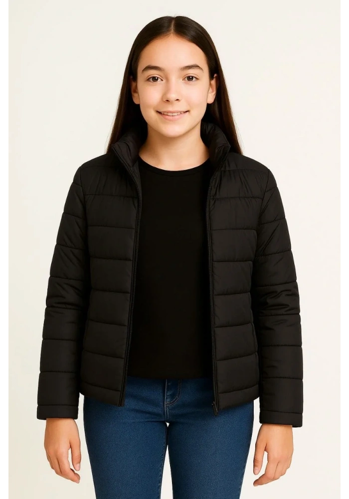 Kız Çocuk Şişme Mont Hafif ve Sıcak Tutucu Kışlık Fermuarlı Su İtici Rahat Günlük Mont Kapüşonuz Modern Tasarım - Siyah