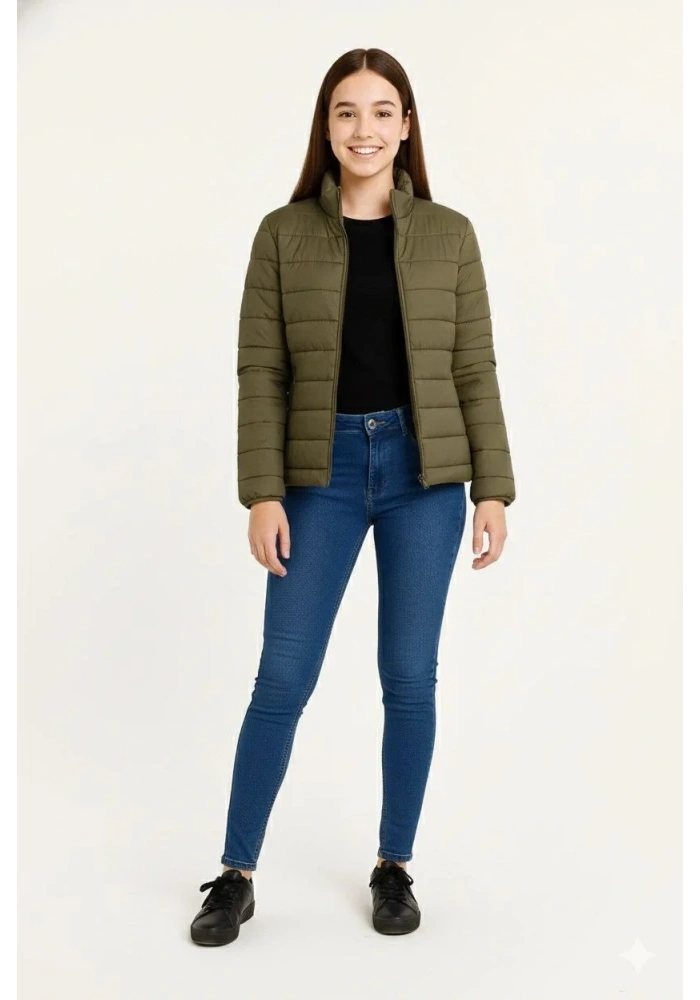 Kız Çocuk Şişme Mont Hafif ve Sıcak Tutucu Kışlık Fermuarlı Su İtici Rahat Günlük Mont Kapüşonuz Modern Tasarım - Haki