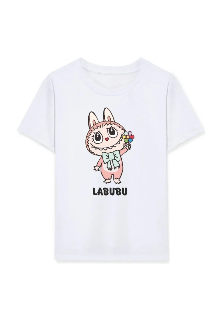 Kız Labubu Çocuk Baskılı T-Shirt - Beyaz