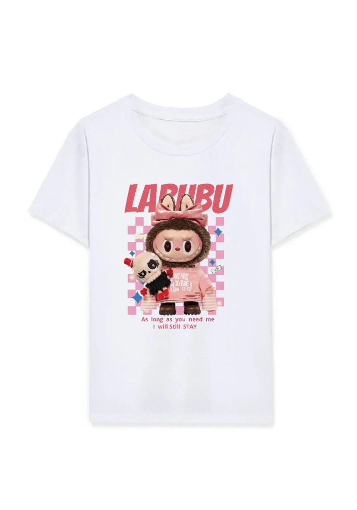 Kız Labubu Çocuk Baskılı T-Shirt - Beyaz