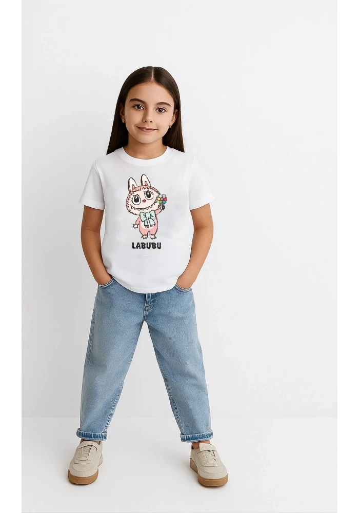 Kız Labubu Çocuk Baskılı T-Shirt - Beyaz