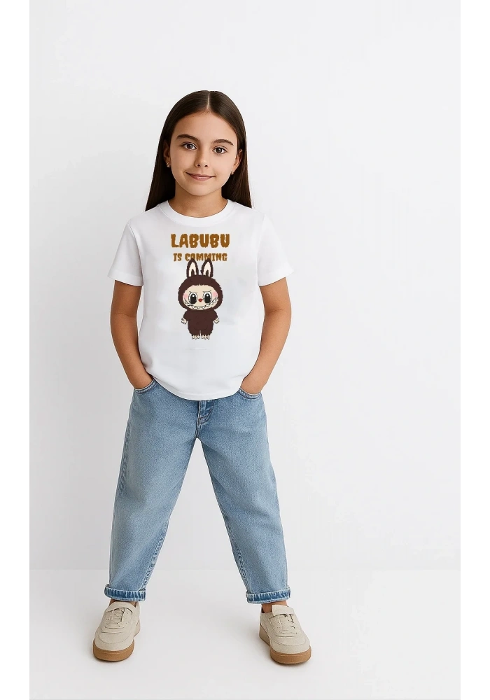 Kız Labubu Çocuk Baskılı T-Shirt - Beyaz