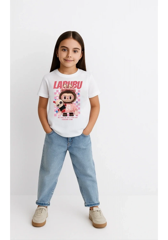 Kız Labubu Çocuk Baskılı T-Shirt - Beyaz