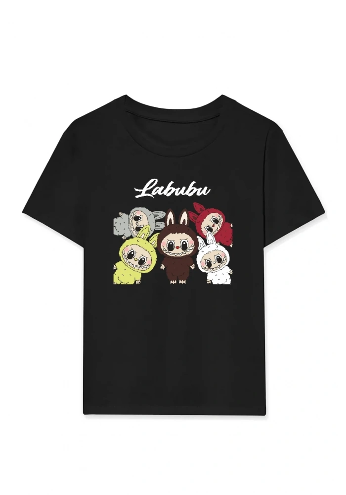 Kız Labubu Çocuk Baskılı T-Shirt - Siyah