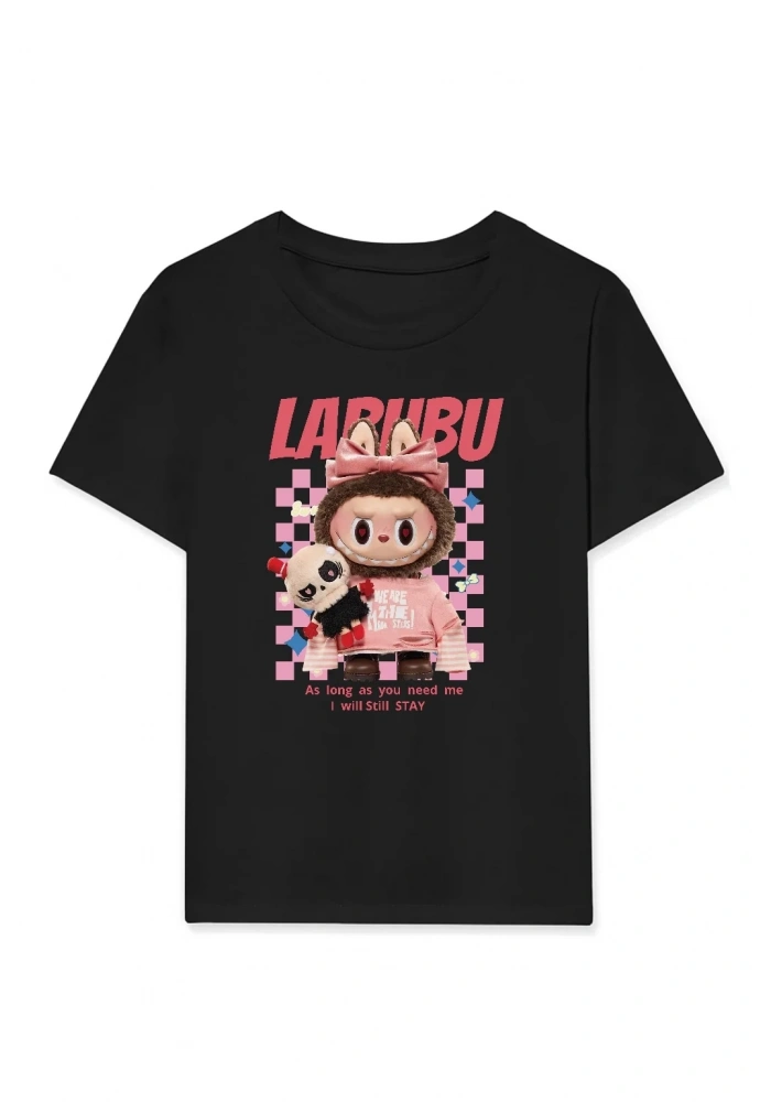 Kız Labubu Çocuk Baskılı T-Shirt - Siyah
