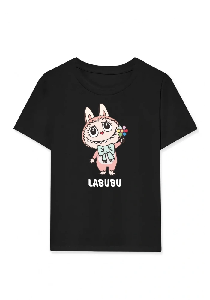 Kız Labubu Çocuk Baskılı T-Shirt - Siyah