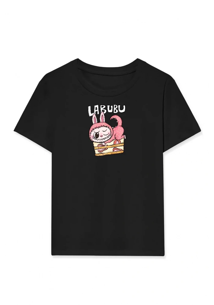 Kız Labubu Çocuk Baskılı T-Shirt - Siyah