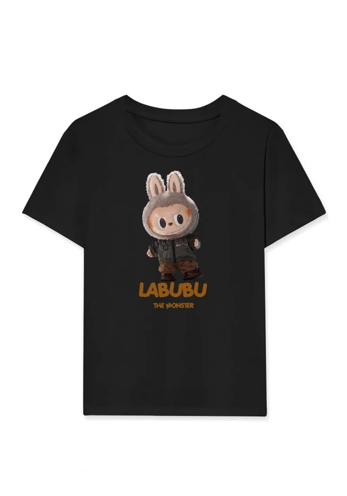 Kız Labubu Çocuk Baskılı T-Shirt - Siyah