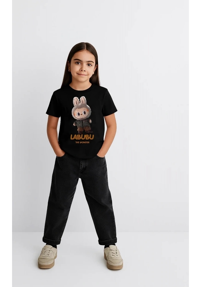 Kız Labubu Çocuk Baskılı T-Shirt - Siyah