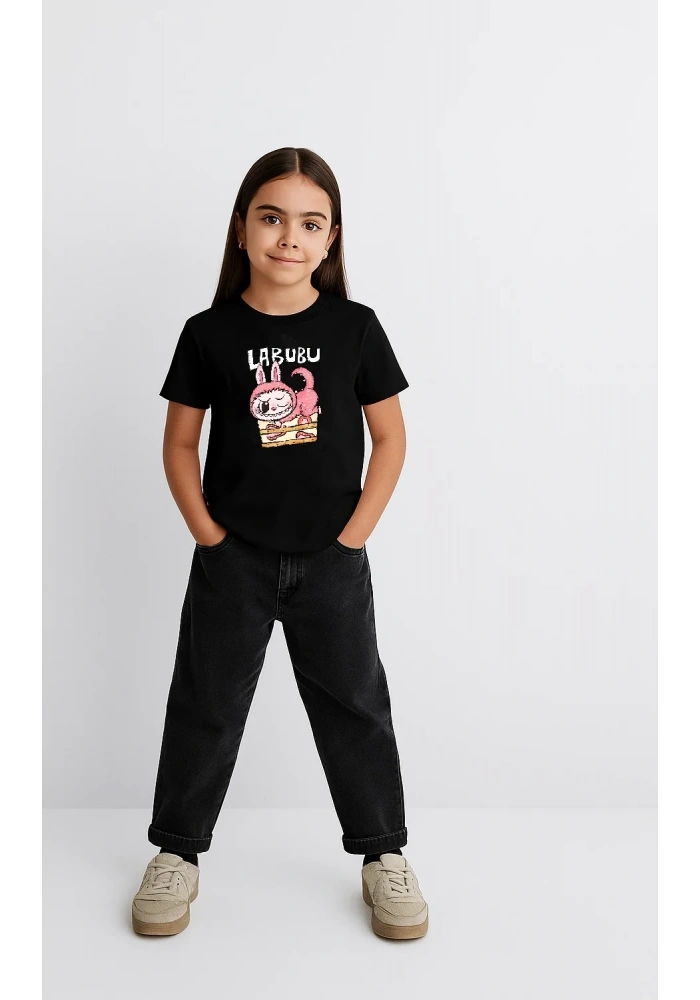 Kız Labubu Çocuk Baskılı T-Shirt - Siyah