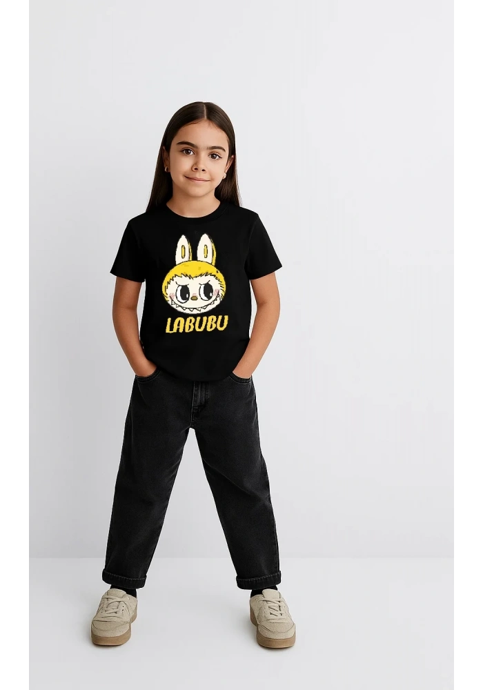 Kız Labubu Çocuk Baskılı T-Shirt - Siyah