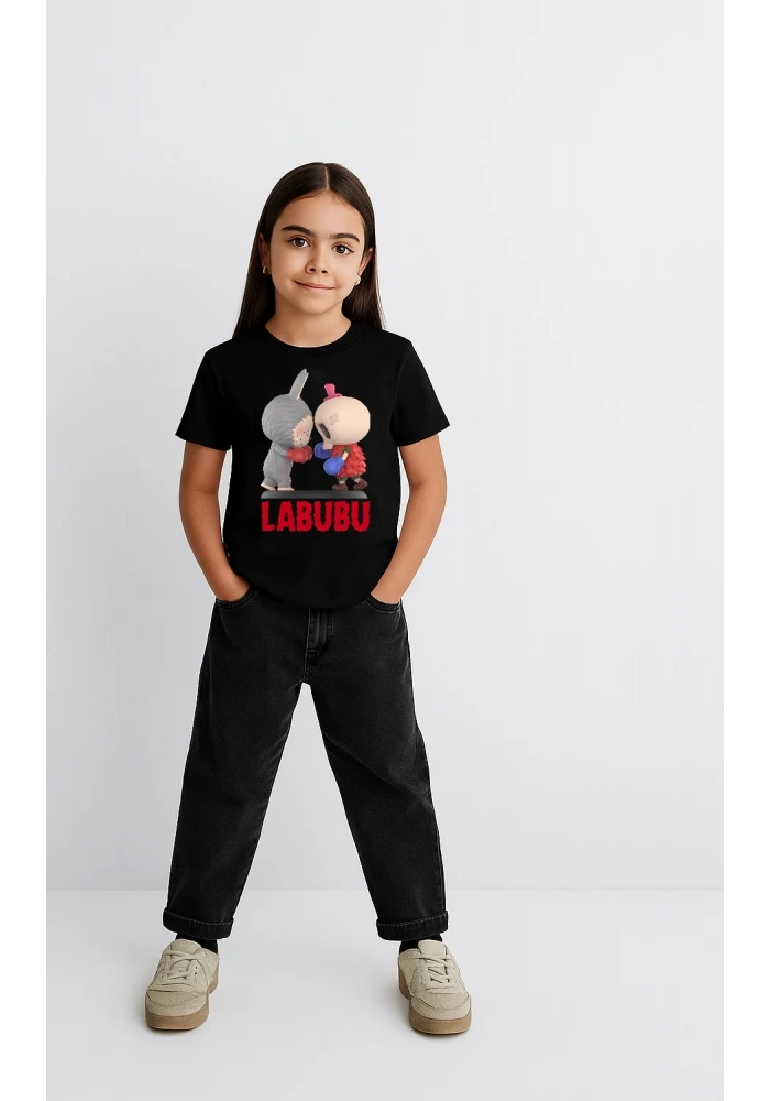 Kız Labubu Çocuk Baskılı T-Shirt - Siyah