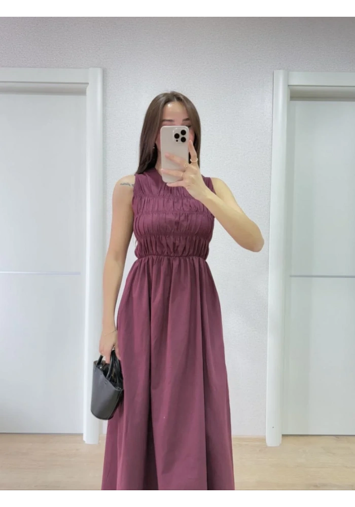 Kolsuz Göğüs Lastıklı %100 Poplin Uzun Elbise - Bordo